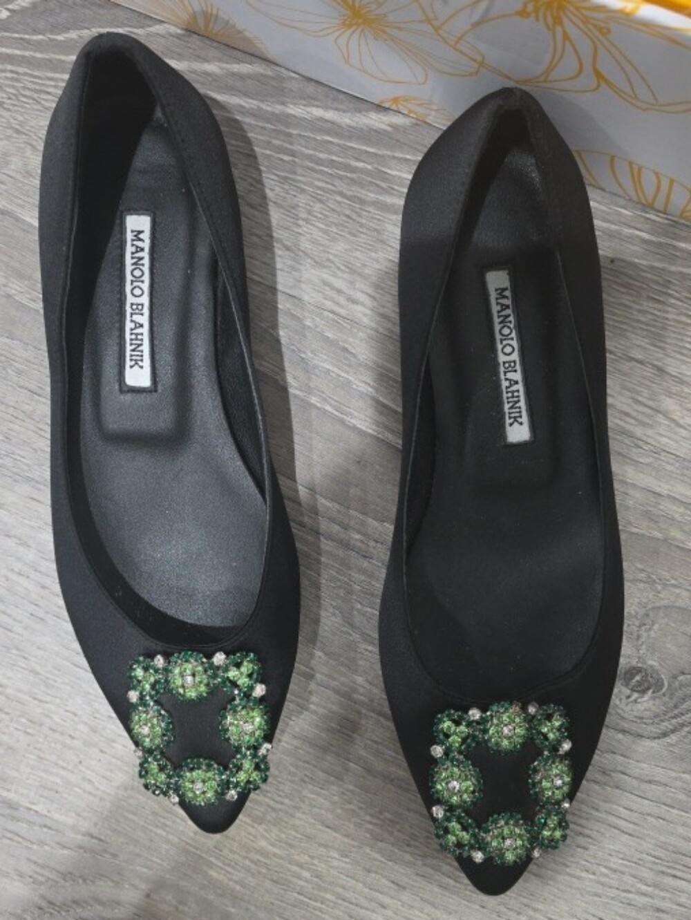 Manolo Blahnik Black Pointed Toe Flats with Green Crystal Buckle